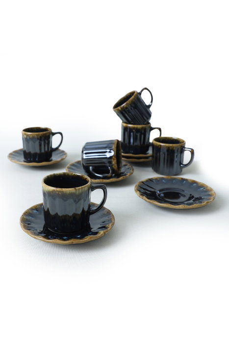 Hermia Juego de Tazas de Café y Platillos Negro y Dorado (12 Piezas)